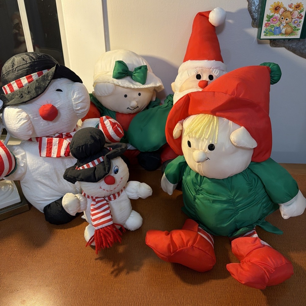VTG Nylon Parachute Mrs Claus, Santa, Elf , Snowman Plush Lot 5 Puffy Christmas